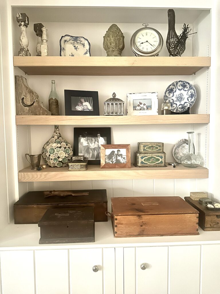 built in shelves decorated with personal items for character