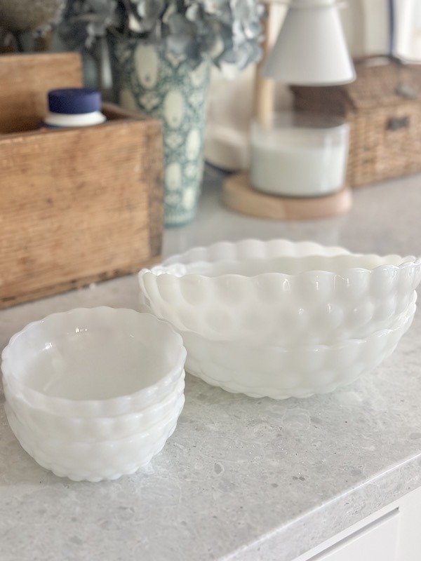 large and small milk glass berry bowl in the bubble pattern