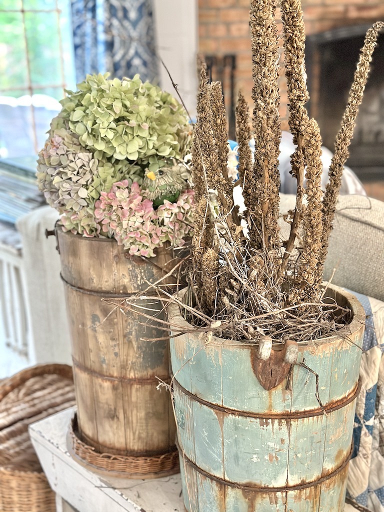 wood buckets with patina for fall decor