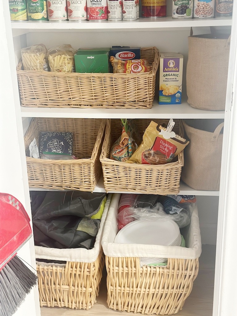 organized pantry can eliminate stress with food organized in baskets