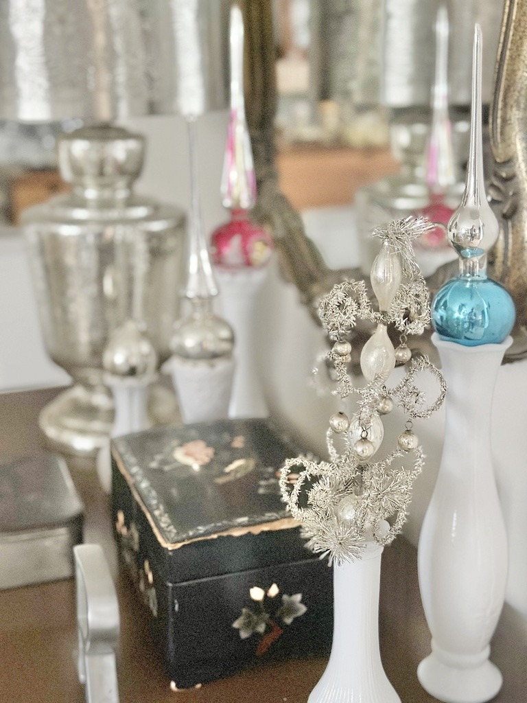 Christmas decor vintage milk glass tree toppers display
