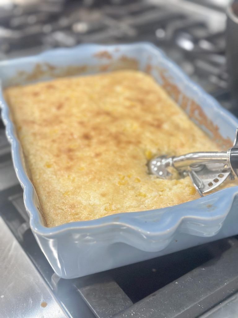 golden brown corn casserole made with Jiffy cornbread mix and 4 ingredients