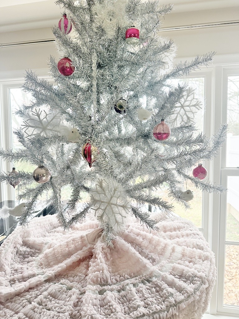pink vintage crinoline as tree skirt Christmas decor