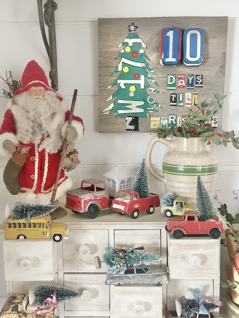 vintage toy trucks bottle brush trees Christmas decorating