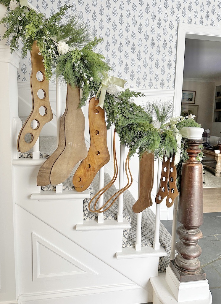 wood patina vintage sock stretchers Christmas decor bannister decorating