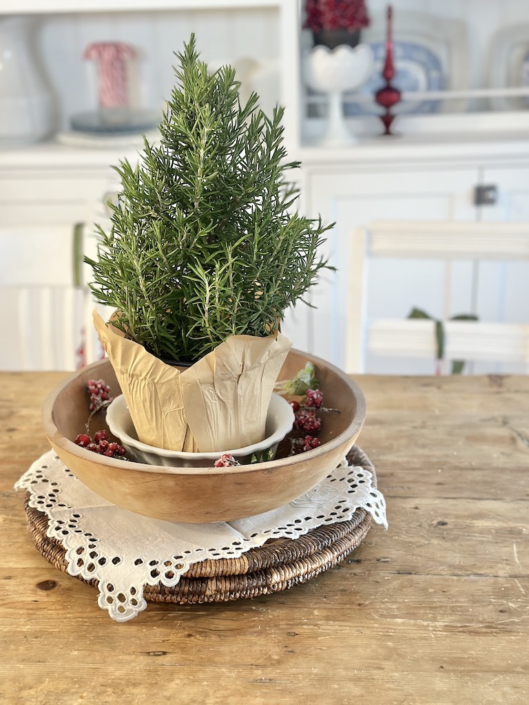 vintage wood bowls with Christmas decor