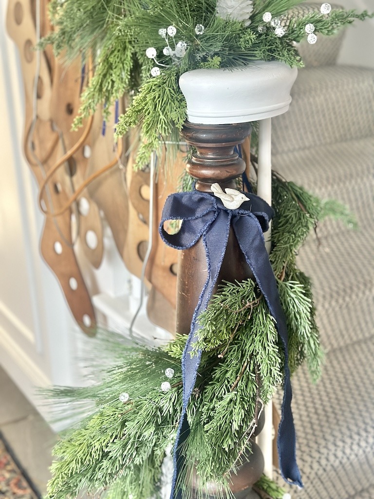 blue ribbon for blue and white Christmas decor