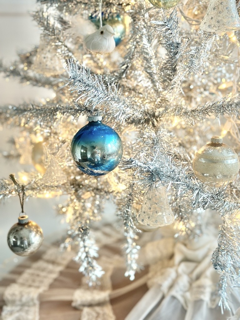 blue and white vintage Christmas ornaments
