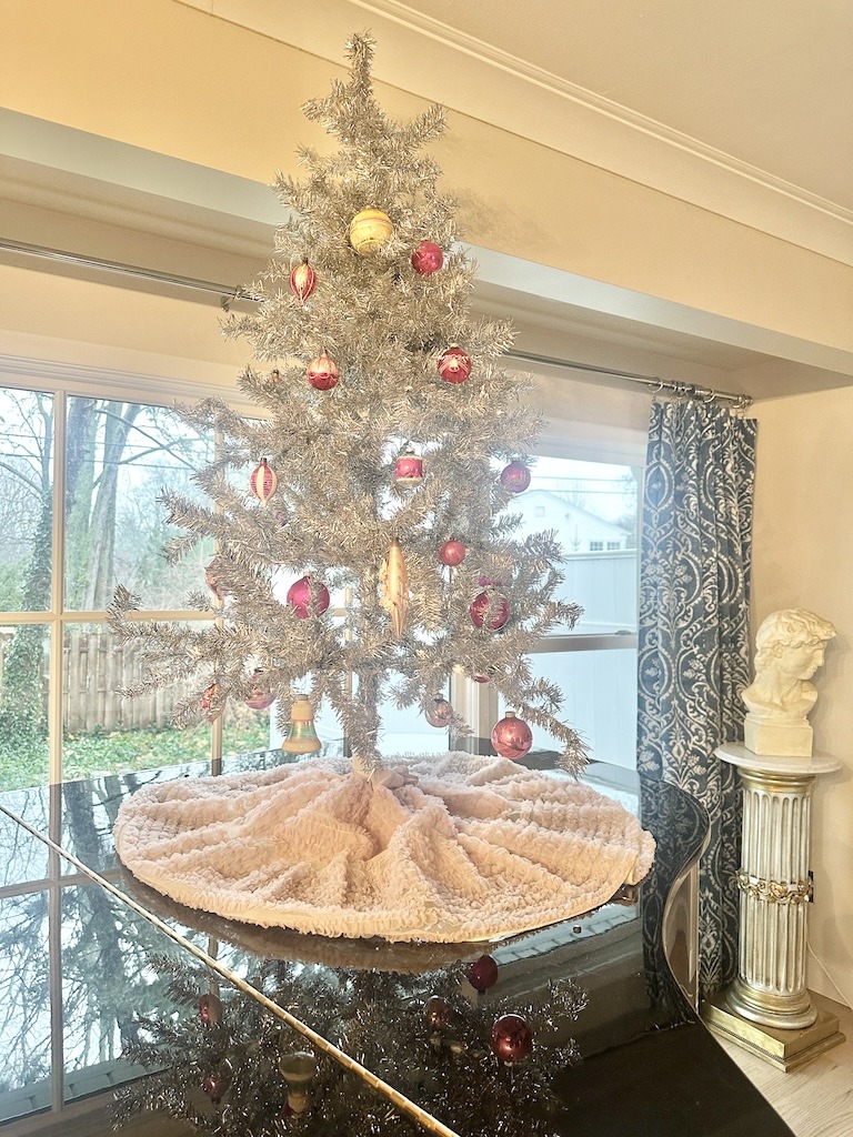 silver tree with vintage pink ornaments