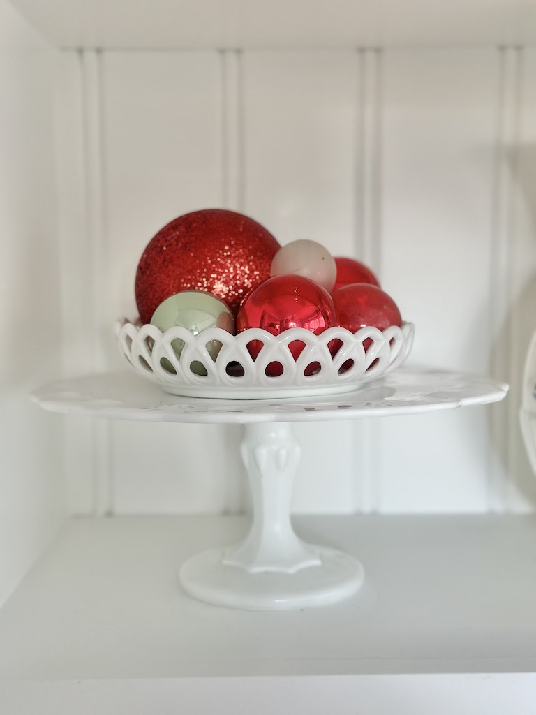 vintage cake plates for christmas decor with glass ornaments