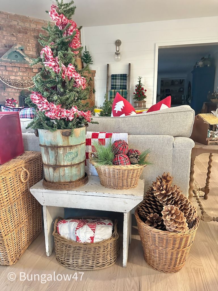 baskets filled with pinecones and trees