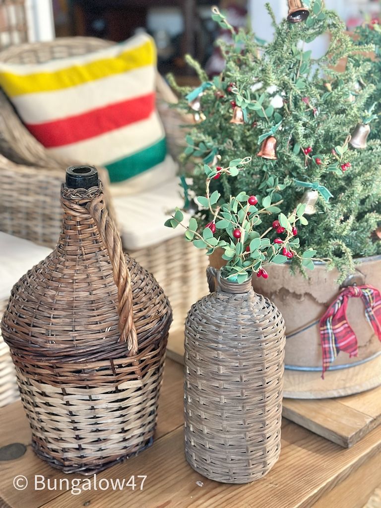 wicker demijohns and Christmas decor