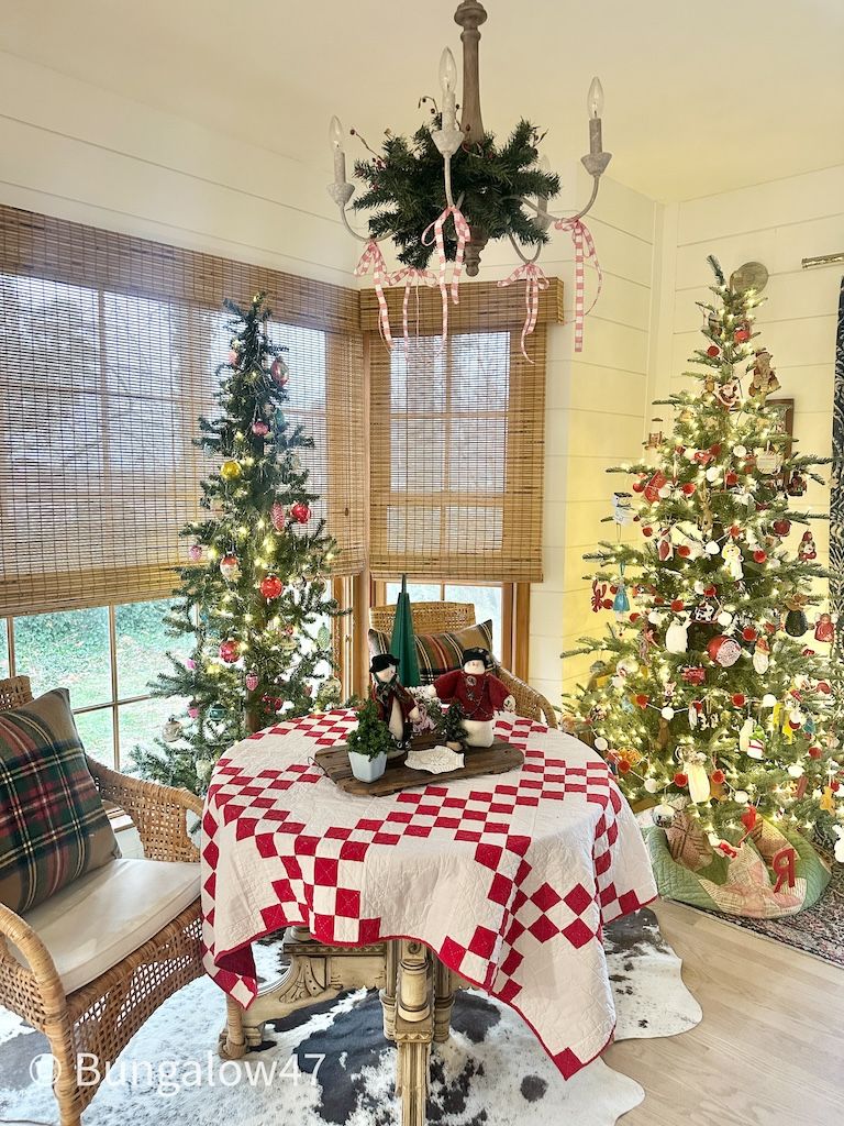 red and white quilt on tabletop
